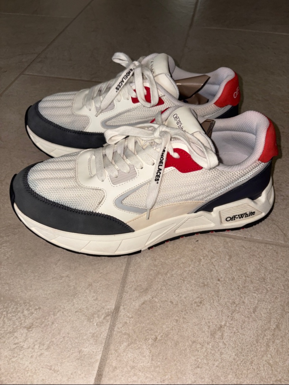 Off-White Men's Kick Off Mesh Running Sneakers in Red, Navy and Off White